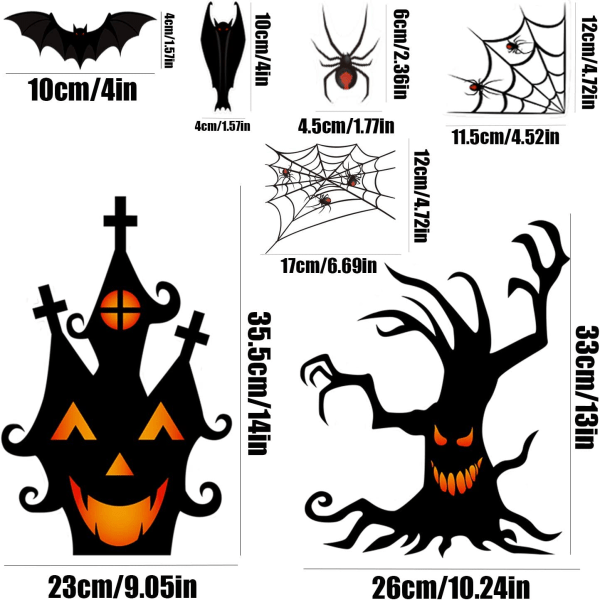 8 ark Halloween vindusdekaler, tosidige skumle flyttbare W