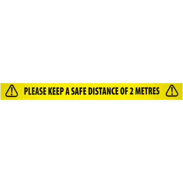 Advarselstape "Gul - Hold venligst en sikker afstand på 2 meter",