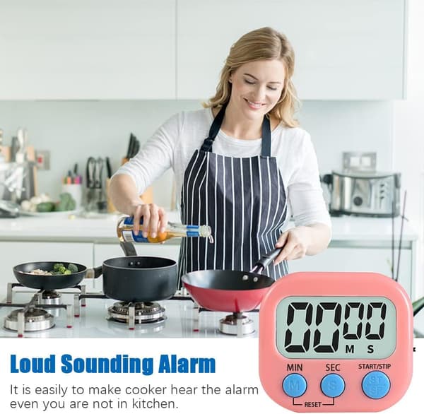 Pink magnetisk køkkentimer med stort LCD-display, timer til co