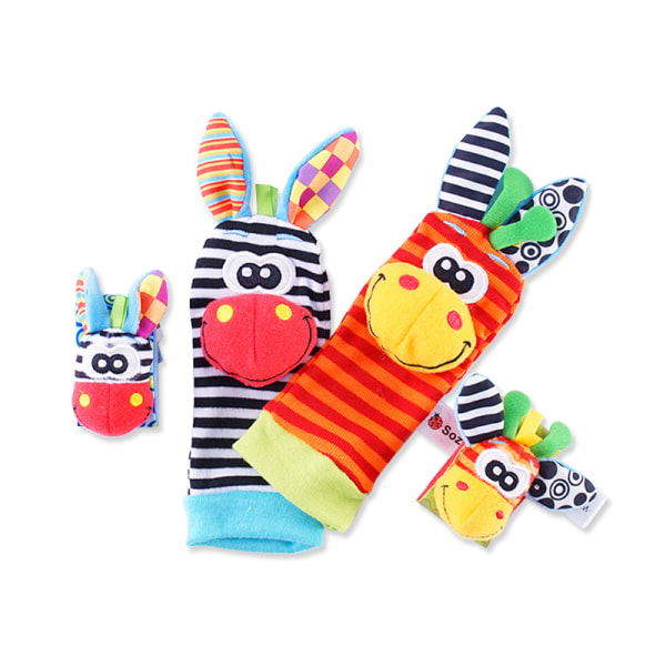 Sæt med 4 babyhåndleds- og sokkelegetøj (striber), håndledsklokke med rotte