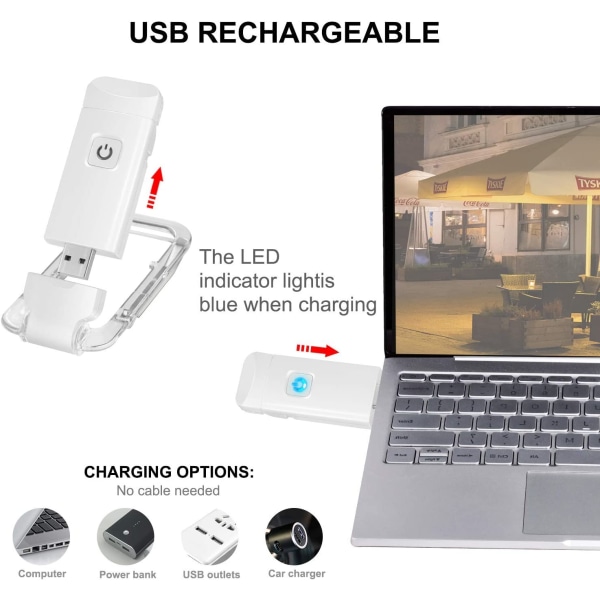 Hvid USB genopladelig boglampe til læsning i sengen, Clip on LED