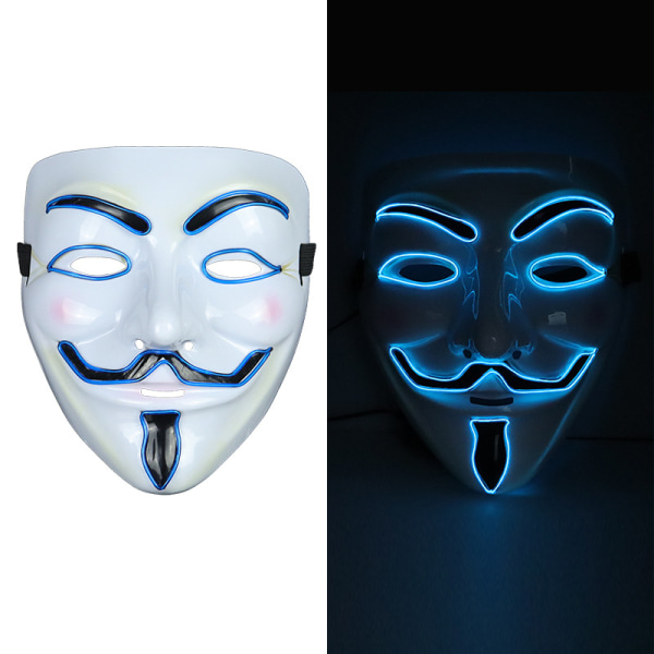 En blå lys maske, lysende maske, hvid V til vendetta Halloween