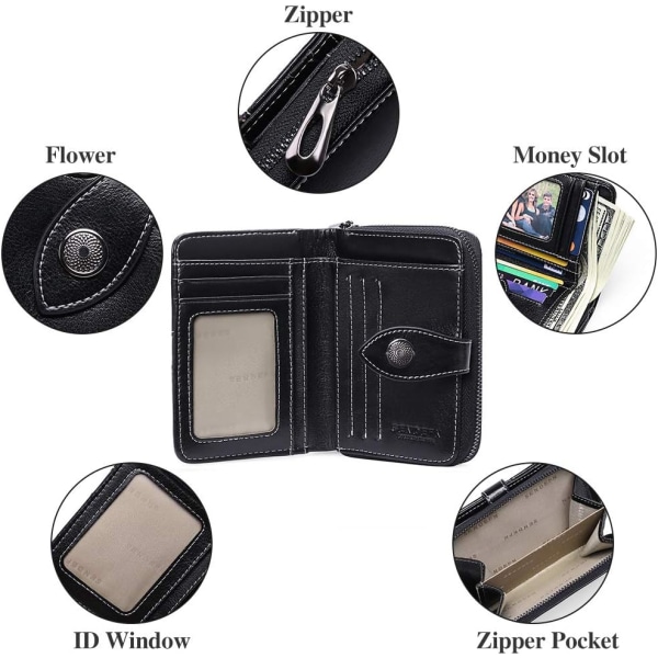 Sort damepung, lille bi-fold pung i læder med RFID pro
