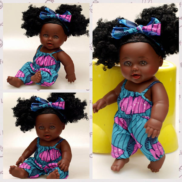 12 tum svart docka (rosa gröna hängslen), babyflicka docka afrik