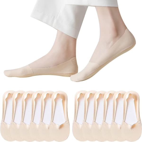 6 par beige damstrumpor i halkfri silke
