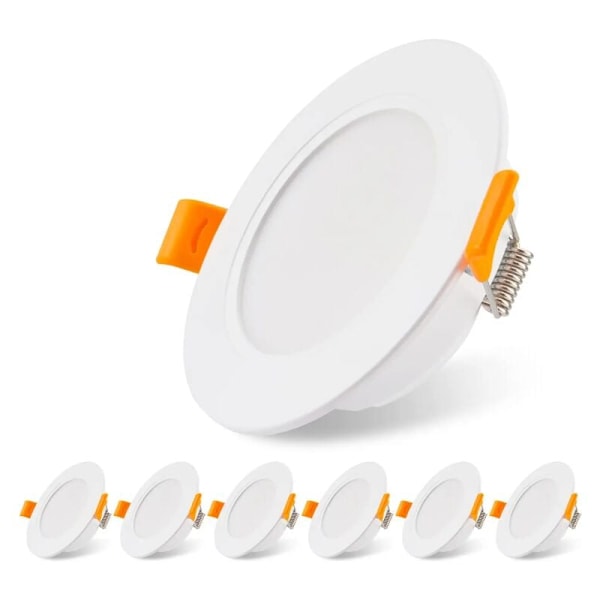 Set med 6 ultratunna LED-infällda spotlights 230V 5W, infälld taklampa, 3000K LED-spotlight, takspotlight, för badrum, vardagsrum, kök, sovrum, öppningsdiameter 75mm