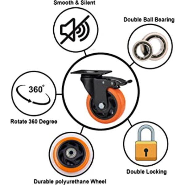 Svinghjul, Heavy Duty Castor Wheels, 100mm Swivel Castors med brems