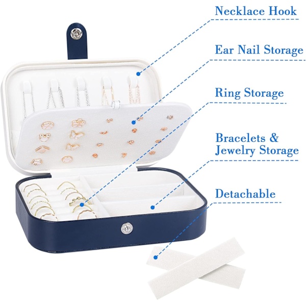 Liten smyckeskrin för kvinnor (marinblå), resesmyckeskrin, passar för ringar, örhängen, örhängen, armband och halsband.