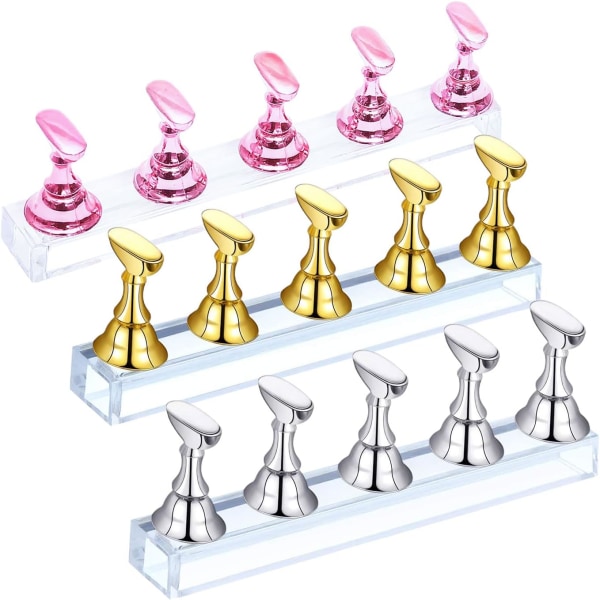 3 Set Acrylic Nail Display Stand (guld, silver, rosa) Transparent