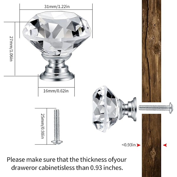 (30mm) 8 stk. Krystalknapper til Døre, Diamantknapper, Diamantmøbelknapper