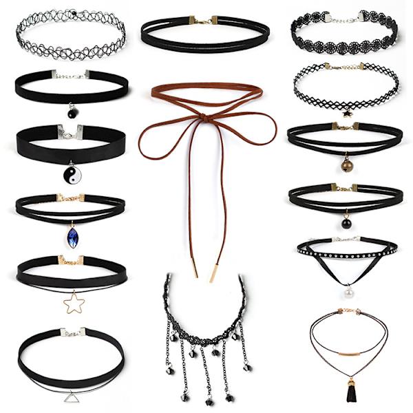 15 stk. Kvinders sorte choker-ring, pigers elastiske, strækbare, lige