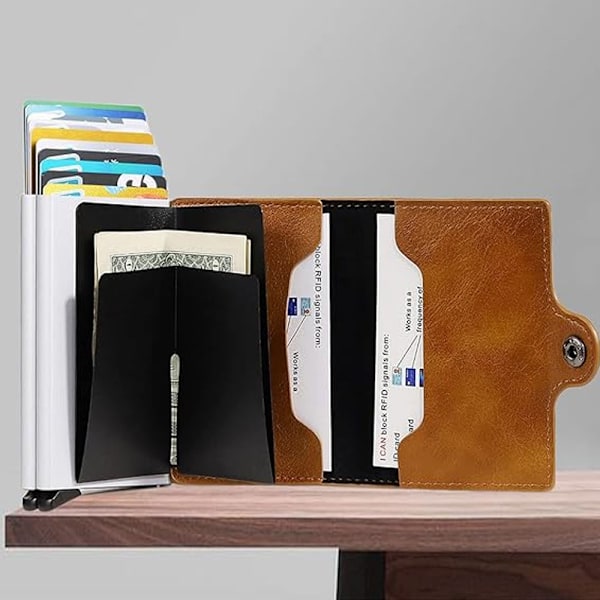 Dobbeltlags Kort Holder, Mænd Kreditkort Holder, Etui Forlomme Tyverisikret-RFID Automatisk Pop Up (brun)