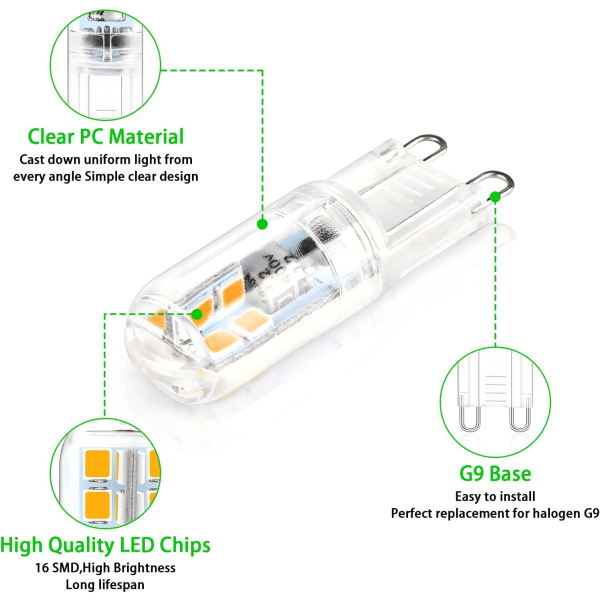 6st G9 LED 2W AC220-240V flimmerfritt PC- case Liten storlek Hög B
