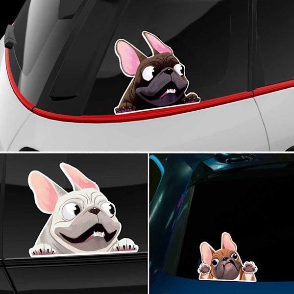 Kolmiosainen hauskojen bulldog-auton tarrojen sarja Ranskan bulldog-auto