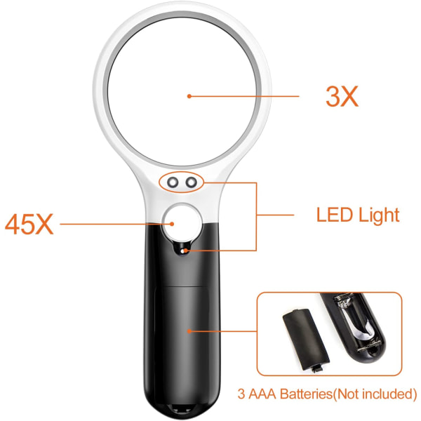 Læseforstørrelsesglas, 3X 45X belyst forstørrelsesglas med 3 LED