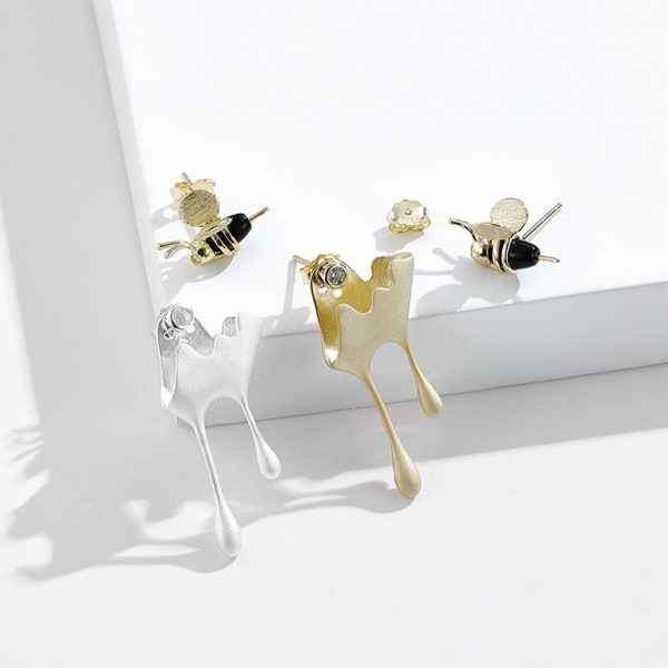 S925 Silver Örhängen Bee och droppande honung Asymmetrisk Stud