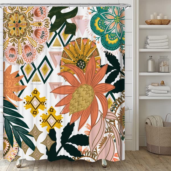 Bohemisk Duschdraperi Blommor Blad 180 x 200 cm Badgardin