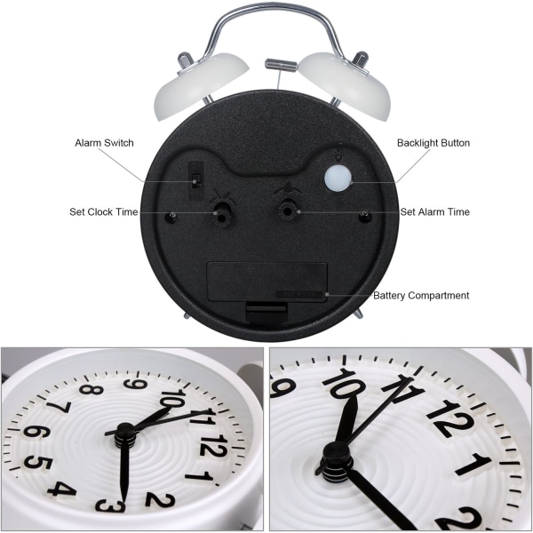 Twin Bell Alarm Clock 10cm Ikke-tikkende batteridrevet Old Fashi