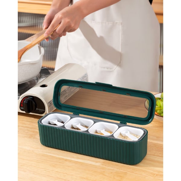 Green Quad-in-one Home seasoning box with Flip-up spoon seasonin