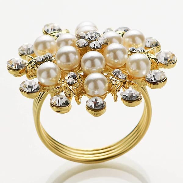 Serviettringer (gull) Sett med 6-Blomsterperle Rhinestone Serviettring