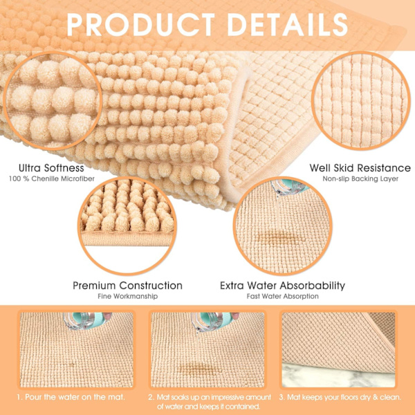 40x60cm (Lysebrun) Badematte Sklisikker Absorberende Badematte for Dusj Avløp Badekar Toalett Kjøkken Mikrofiber Chenille Maskinvaskbar