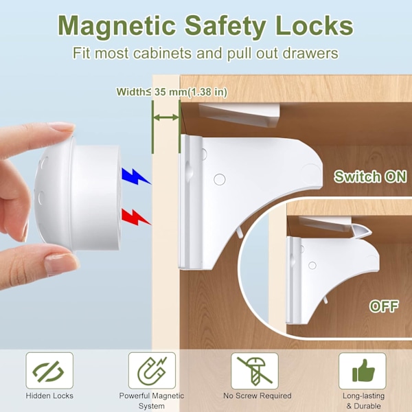 Magneettiset lapsiturvalliset kaappilukot lapsille, 4 kpl + 1 avain, vauvan turvalukko kaappeihin ja laatikoihin liimalla