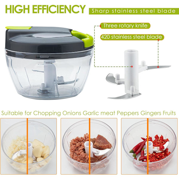 (Grønn) Multifunksjonell manuell chopper med håndtak og lokk, grønnsakshakker, hvitløkspresse, egnet for løk, hvitløk, paprika, frukt, perfekt for kjøkken