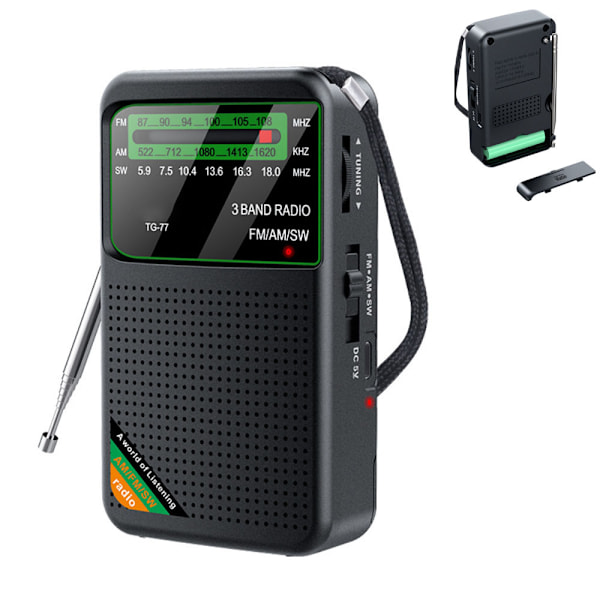 FM/AM/SW - Kannettava Mini Radio - Hätäradio - Musta
