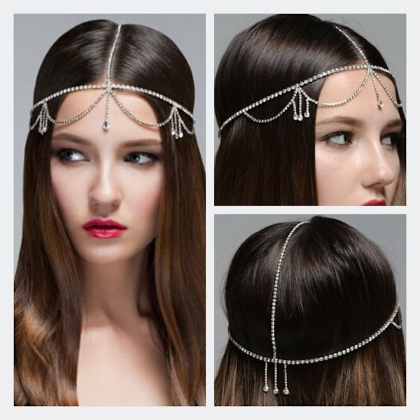 Kristallhuvudkedja Silver Bride Rhinestone Tassel Hårkedja Wed