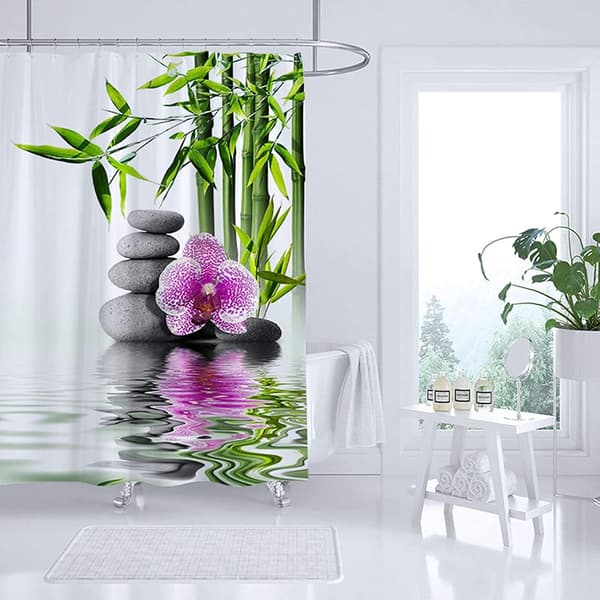 120 x 180 CM - Vit Duschdraperi med Haka Blomma Rosa Bambu S
