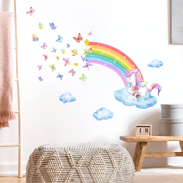 Rainbow Unicorn Veggdekor Veggklistremerke Sommerfugler Cloud Star