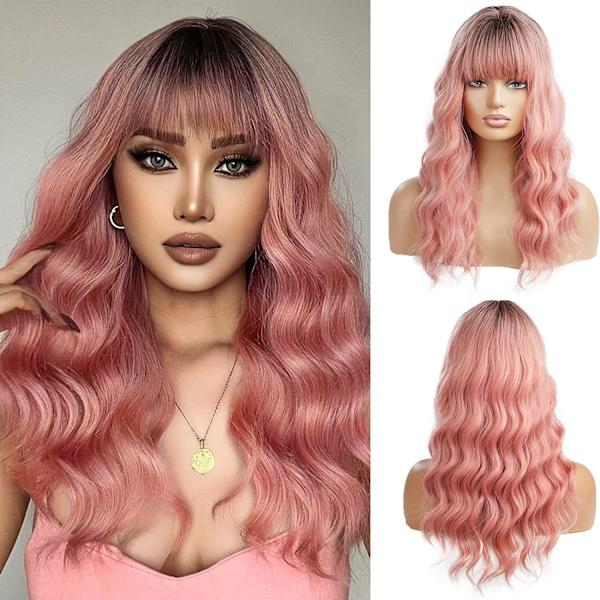 Rosa Ombre Wavy Värmebeständig Syntetisk Peruk med Lugg för Del
