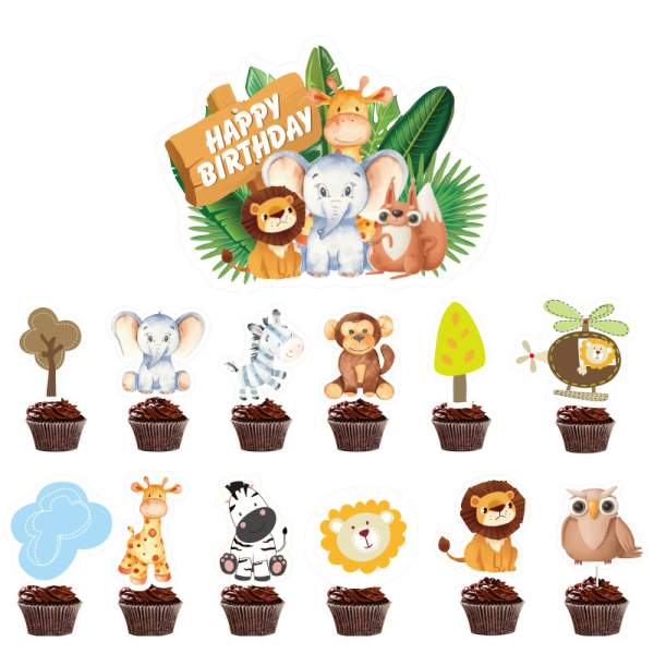 26 kappaletta Jungle Animal -koristeita, syntymäpäiväkakun päällystämiä, Cupca
