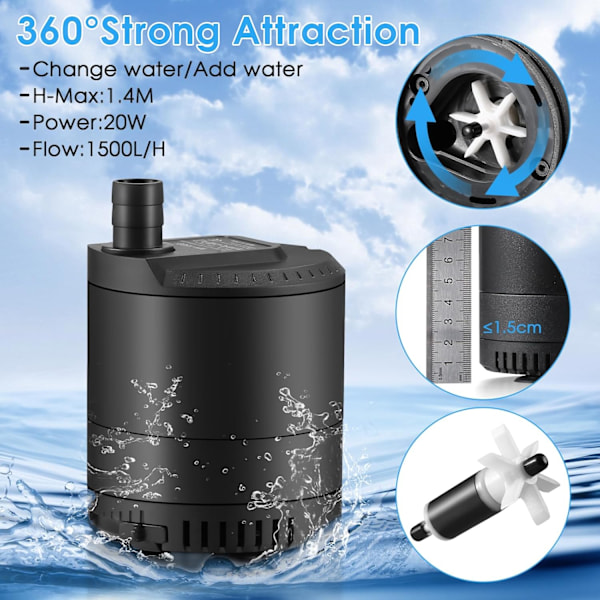 20 W upotettu vesipumppu 1500 l/h AC220-240 V Akvaariovesipumppu 2 suuttimella lampi-, puutarha- ja suihkulähteille