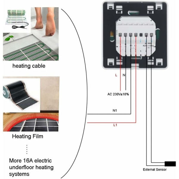 Programmerbar romtermostat med 16A-sonde for elektrisk gulvvarme