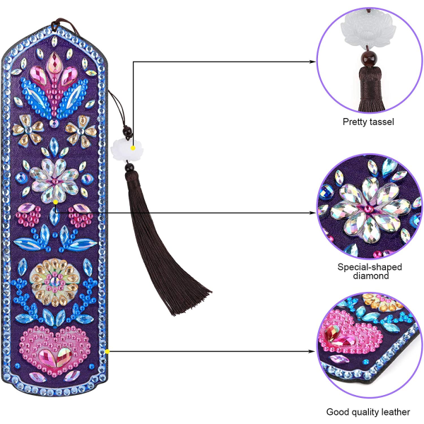 2 Pack Diamond Embroidery Bookmarks Kit, jossa nahkatupsu (Hear