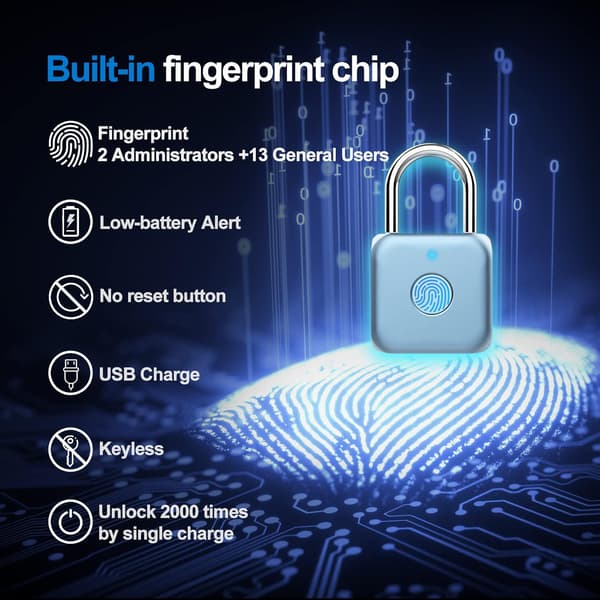 (Blå) Digitalt fingeravtryckslås, högsäkerhets USB-biometrisk fingeravtryckslås för gym, bagage, skåp, resväskor.