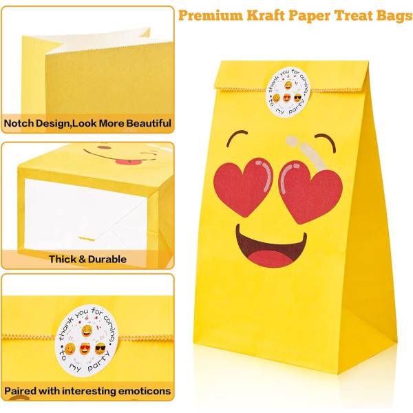 24 stk. Emoji slikpose, gavepose i papir med 24 klistermærker, lille fødselsdagsslikpose, gavepose i papir med 8 mønstre, til indpakning, kiks, fudge, fest, bryllup, 22x12x8 cm