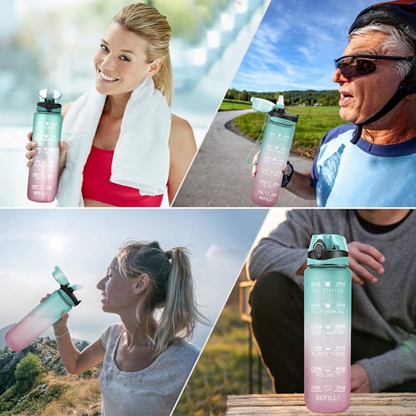 Vedenkeitin 1L BPA-vapaa Tritan-urheilujokopullo Motivaatiovesipullo Oljella Vuotamaton Ei-toksinen Kuntosalille, Ulkoiluun, Pyöräilyyn, Kouluun ja Toimistoon (Vihreä Vaaleanpunainen)