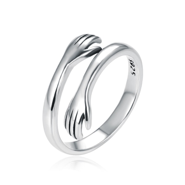 Krama ring, 925 Sterling Silver Justerbar krama ring Silver sammanflätade händer Öppen ring Par krama ringar Bröllopslöfte ring Kärleksring för kvinnor
