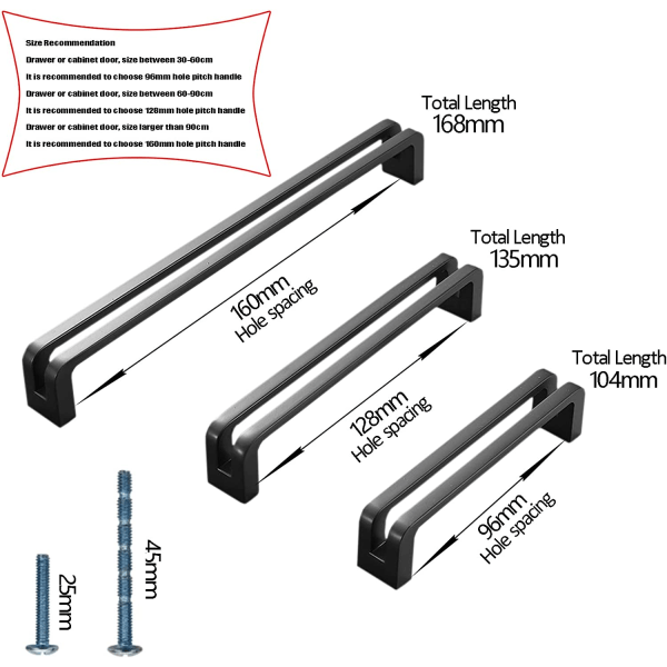 6 stk kjøkkenskaphåndtak, sorte skuffhåndtak 96mm Cent