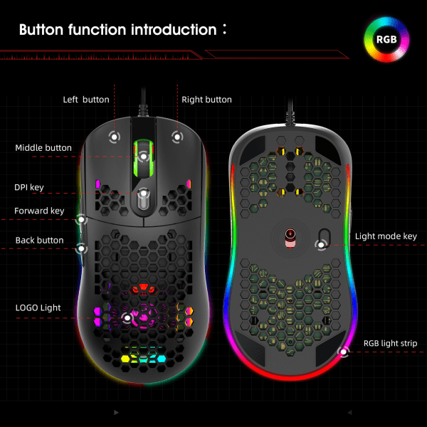 X600 RGB lysande makro programmeringsspelmus 6 knappar kan stängas av