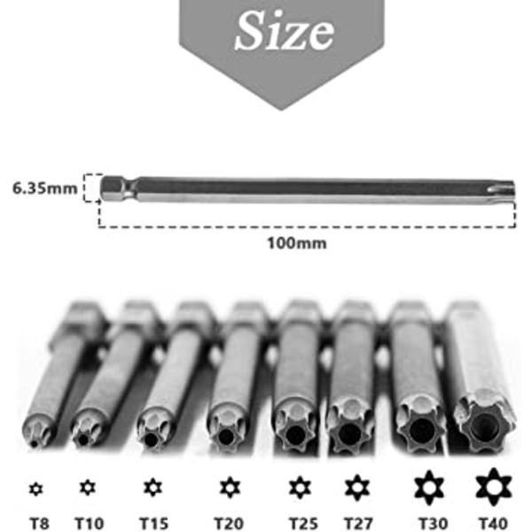 11 stk. 100 mm lange Torx-skruetrækkerbits, 1/4 tommer sekskantet S