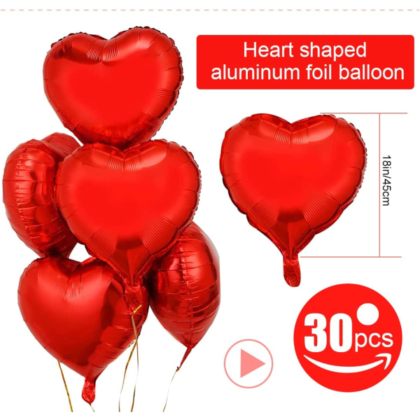 Hjerteformede balloner, 30 stk. Rød Hjerteballon, Hjerteballon, F