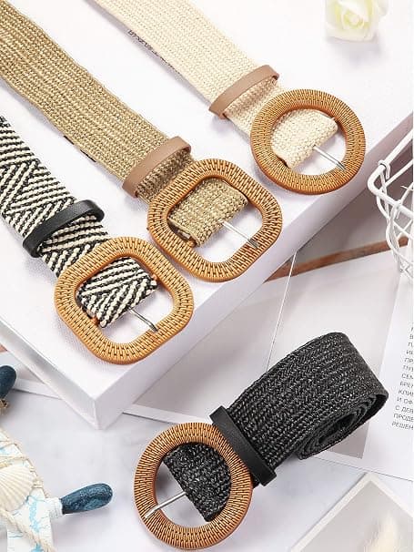 4-pack stretchiga flätade halmbälten för kvinnor med träspännen, K