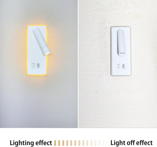 LED-vegglampe, 9W, nattbordslampe med USB-lading