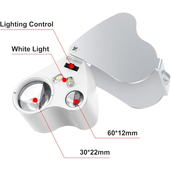 30 X 60 Juvelerlupe, LED-belyst lup, urmager, G
