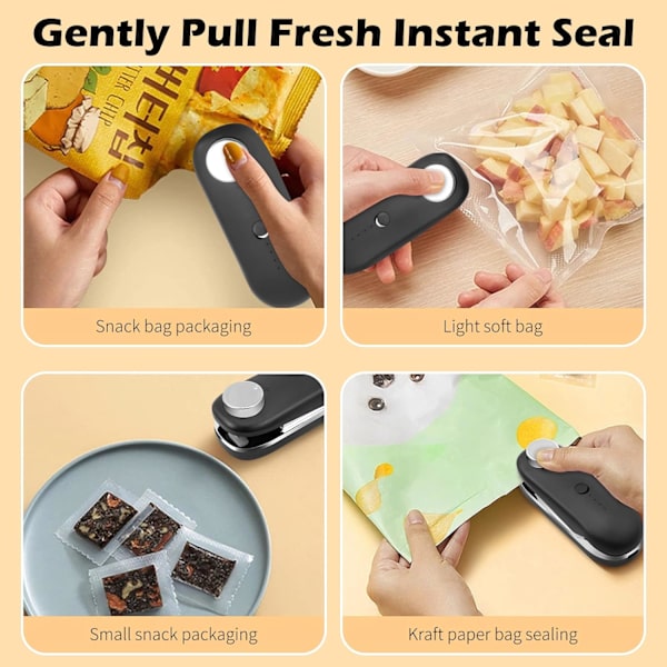 Plastikposeforsegler (svart), Mini-forsegler, Mini-poseforsegler, 2 i 1 Mini-poseforsegler, Egnet for plastmat til kjøkken for pommes frites-pose
