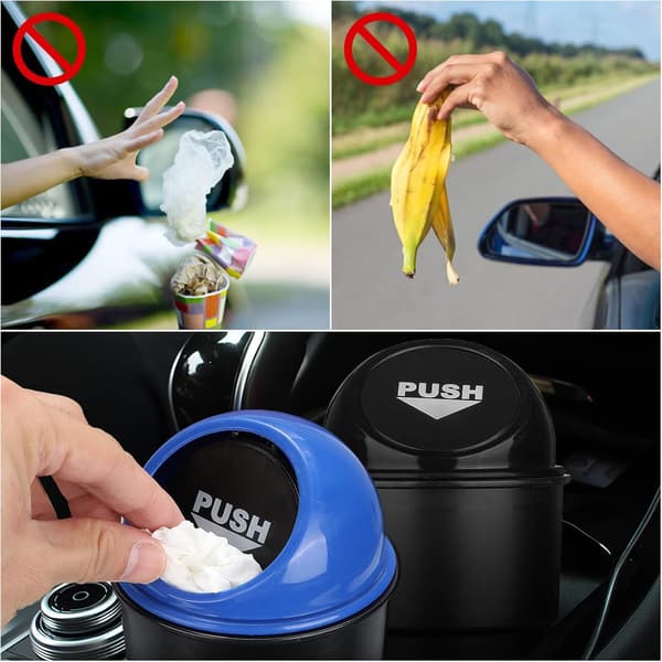 Sæt med 2 mini plastik skraldespande til bil - sort og blå