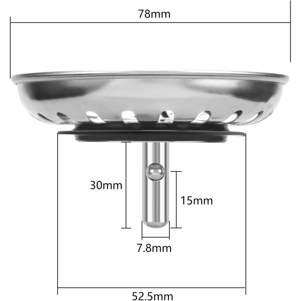 2kpl 78 mm:n universal keittiöaltaan tulppa ruostumattomasta teräksestä valmistettu pesuallas St